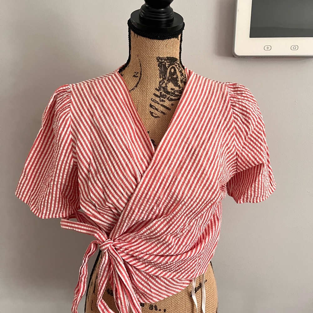 Red and White Striped Wrap Top